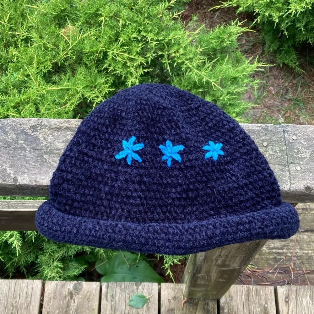HANDMADE Hat Cap Knitted Crocheted Floral  Black Turquoise One Size Stretchy